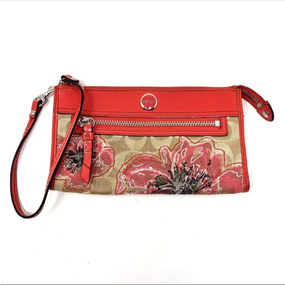 COACH 47070 Poppy Signature Flower Sequins Clutch Zippy Wallet Wristlet Used